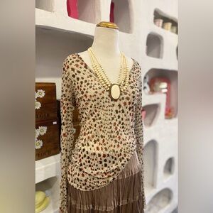 90s Y2K Sheer Mesh Floral Patterned Long Sleeve V Neck Shirt